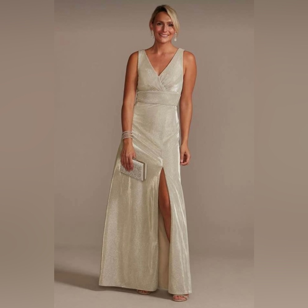 NEW metallic champagne A-line tank gown with slit skirt, NWT